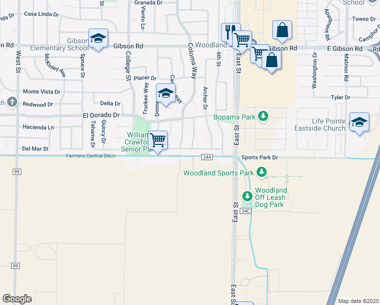 map of restaurants, bars, coffee shops, grocery stores, and more near 1729 Coloma Way in Woodland