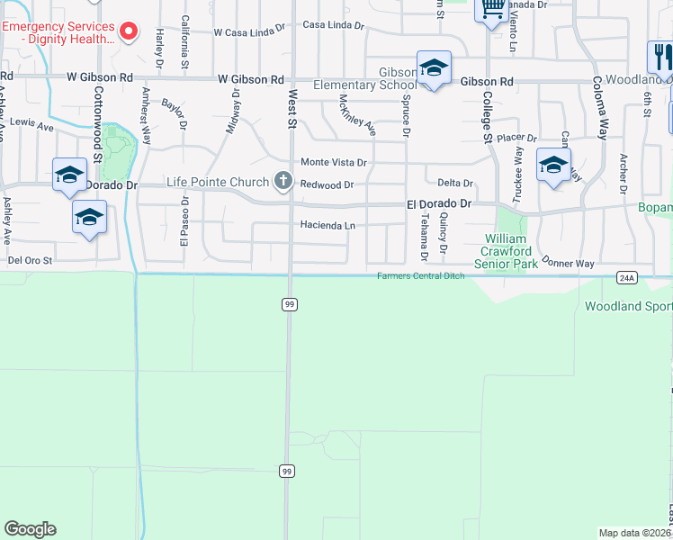 map of restaurants, bars, coffee shops, grocery stores, and more near 1744 Del Rey Street in Woodland