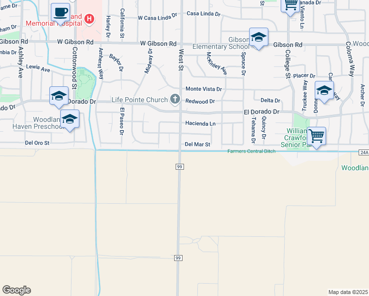 map of restaurants, bars, coffee shops, grocery stores, and more near 12 Miramonte Drive in Woodland