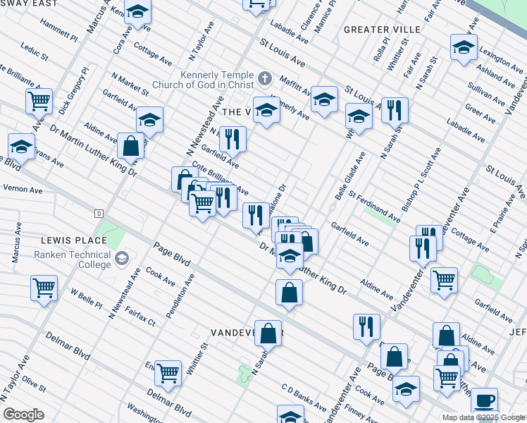 map of restaurants, bars, coffee shops, grocery stores, and more near 4221 Cote Brilliante Avenue in St. Louis