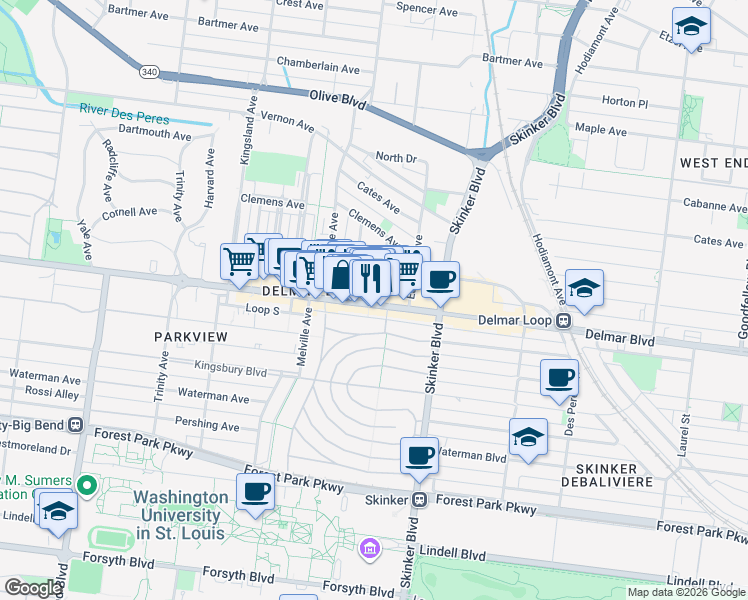 map of restaurants, bars, coffee shops, grocery stores, and more near 6418 Enright Avenue in University City