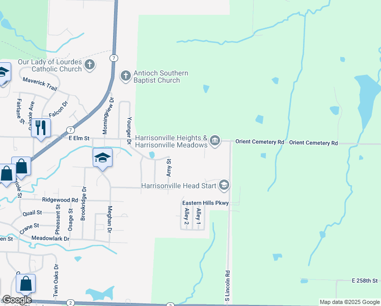 map of restaurants, bars, coffee shops, grocery stores, and more near 3001 East Elm Street in Harrisonville