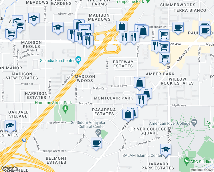 map of restaurants, bars, coffee shops, grocery stores, and more near 4968 Tyler Street in Sacramento