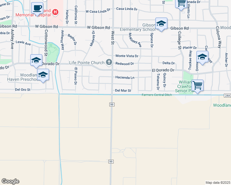 map of restaurants, bars, coffee shops, grocery stores, and more near 12 Miramonte Drive in Woodland