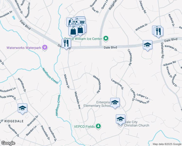 map of restaurants, bars, coffee shops, grocery stores, and more near 13777 Meadowbrook Road in Woodbridge