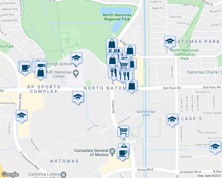 map of restaurants, bars, coffee shops, grocery stores, and more near Del Paso Rd & Natomas Blvd in Sacramento