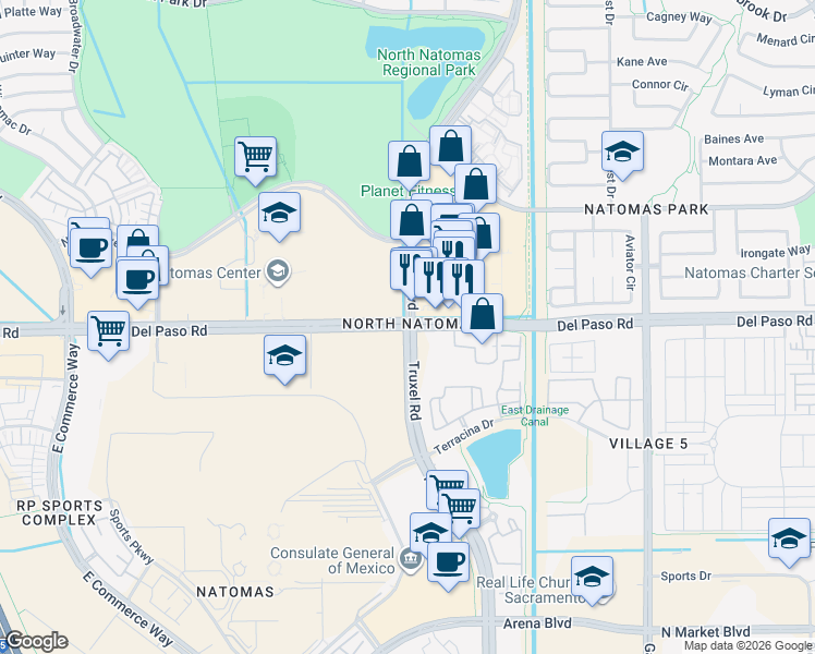 map of restaurants, bars, coffee shops, grocery stores, and more near Del Paso Rd & Truxel Rd & Natomas Blvd in Sacramento