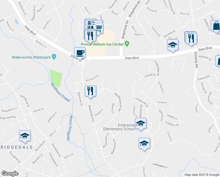 map of restaurants, bars, coffee shops, grocery stores, and more near 13777 Meadowbrook Road in Woodbridge