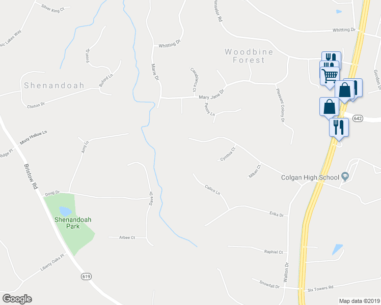 map of restaurants, bars, coffee shops, grocery stores, and more near 8085 Gracie Drive in Manassas