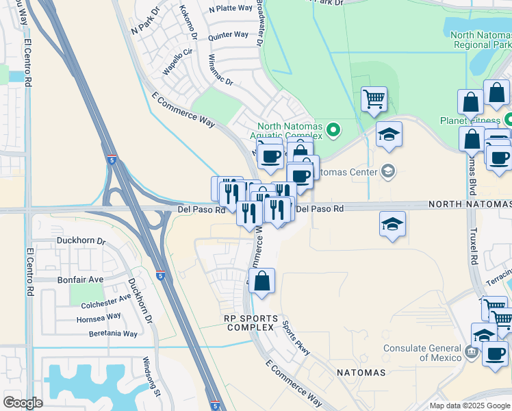 map of restaurants, bars, coffee shops, grocery stores, and more near Del Paso Rd & E Commerce Way in Sacramento