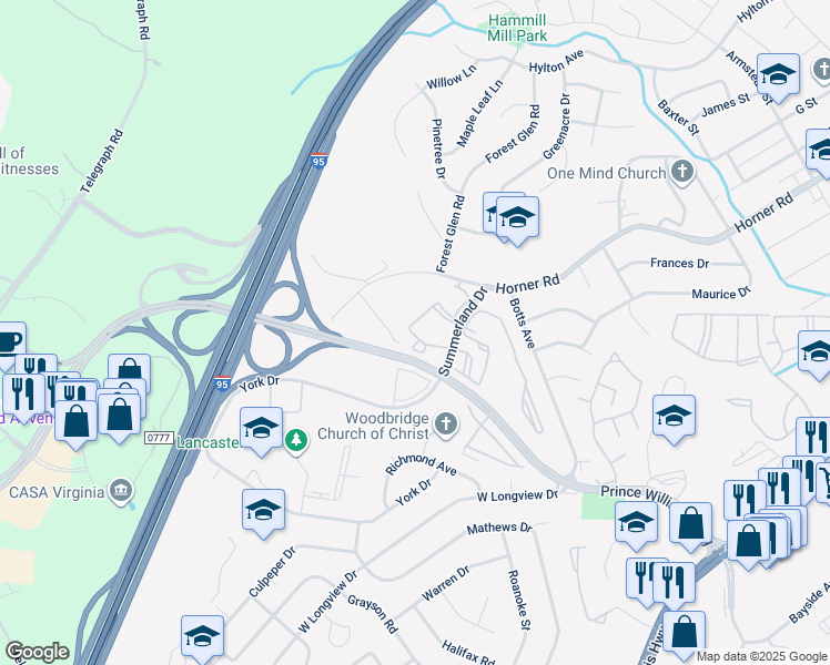 map of restaurants, bars, coffee shops, grocery stores, and more near 1049 Gardenview Loop in Woodbridge