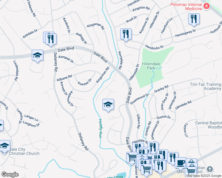 map of restaurants, bars, coffee shops, grocery stores, and more near 4602 Kerrydale Place in Woodbridge
