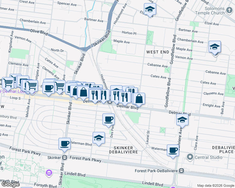 map of restaurants, bars, coffee shops, grocery stores, and more near 5954 Enright Avenue in Saint Louis