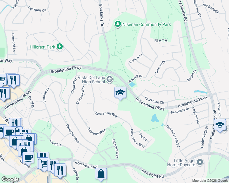 map of restaurants, bars, coffee shops, grocery stores, and more near 1979 Broadstone Parkway in Folsom