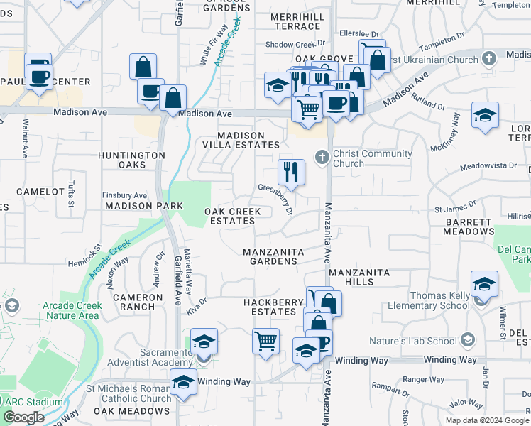 map of restaurants, bars, coffee shops, grocery stores, and more near 5153 Greenberry Drive in Sacramento