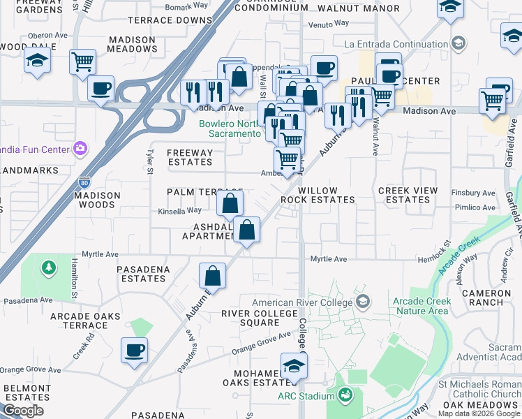 map of restaurants, bars, coffee shops, grocery stores, and more near 4815 Auburn Boulevard in Sacramento