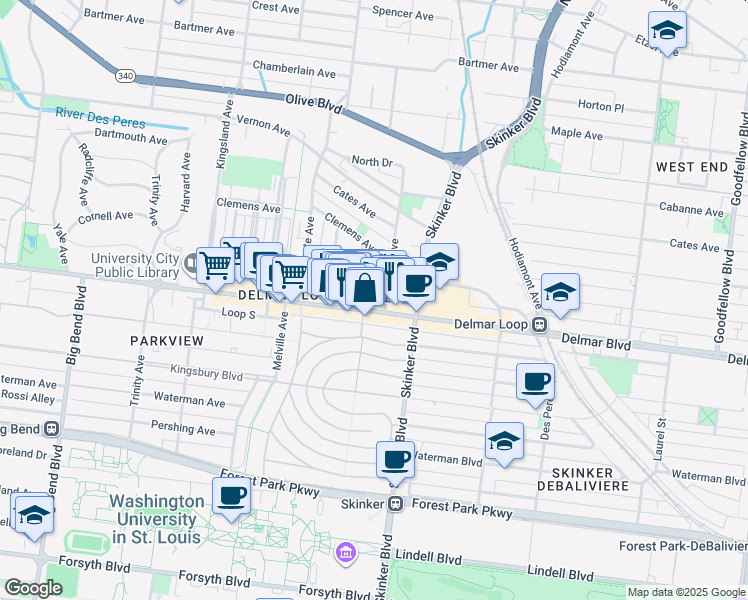 map of restaurants, bars, coffee shops, grocery stores, and more near 6326 Enright Avenue in University City
