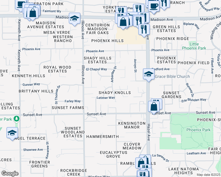 map of restaurants, bars, coffee shops, grocery stores, and more near 4924 Kenroy Way in Fair Oaks