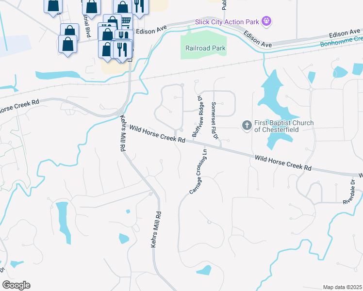 map of restaurants, bars, coffee shops, grocery stores, and more near 1302 Wildhorse Meadows Drive in Chesterfield