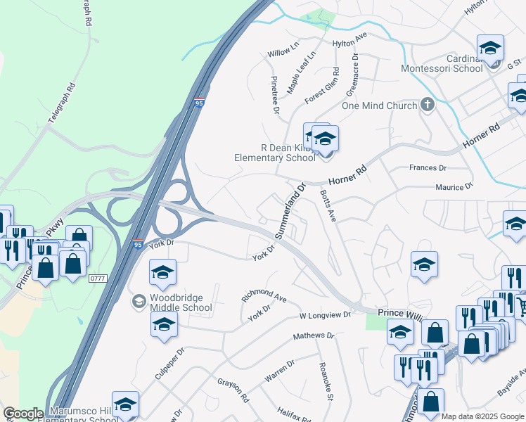 map of restaurants, bars, coffee shops, grocery stores, and more near 1049 Gardenview Loop in Woodbridge