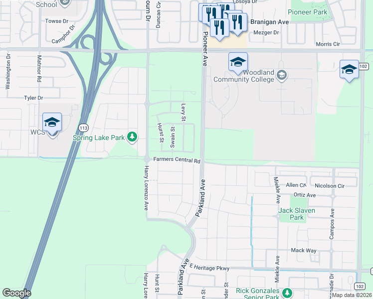 map of restaurants, bars, coffee shops, grocery stores, and more near 1400 Pioneer Avenue in Woodland