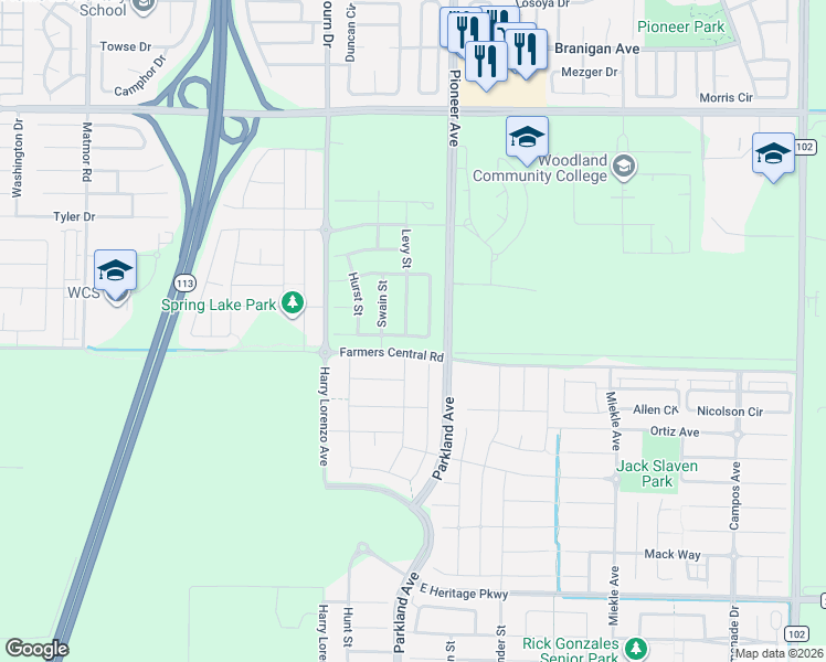 map of restaurants, bars, coffee shops, grocery stores, and more near 1400 Pioneer Avenue in Woodland