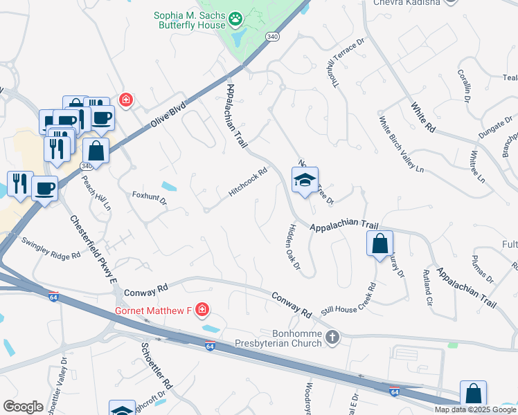 map of restaurants, bars, coffee shops, grocery stores, and more near 1112 Richland Drive in Chesterfield