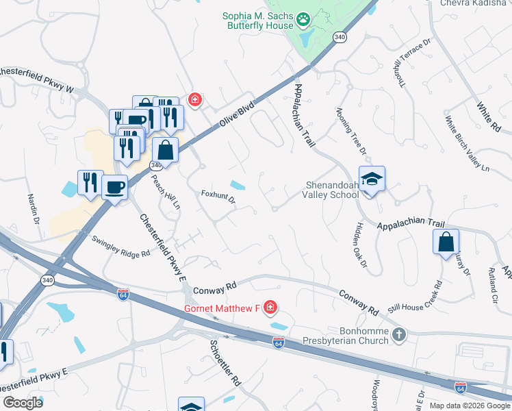 map of restaurants, bars, coffee shops, grocery stores, and more near 1108 Brisbane Drive in Chesterfield