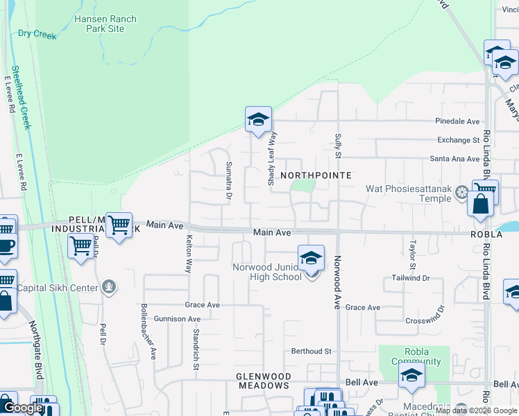 map of restaurants, bars, coffee shops, grocery stores, and more near 4 Coso Court in Sacramento