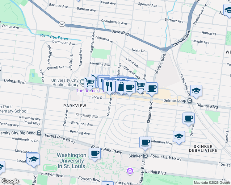 map of restaurants, bars, coffee shops, grocery stores, and more near in St. Louis