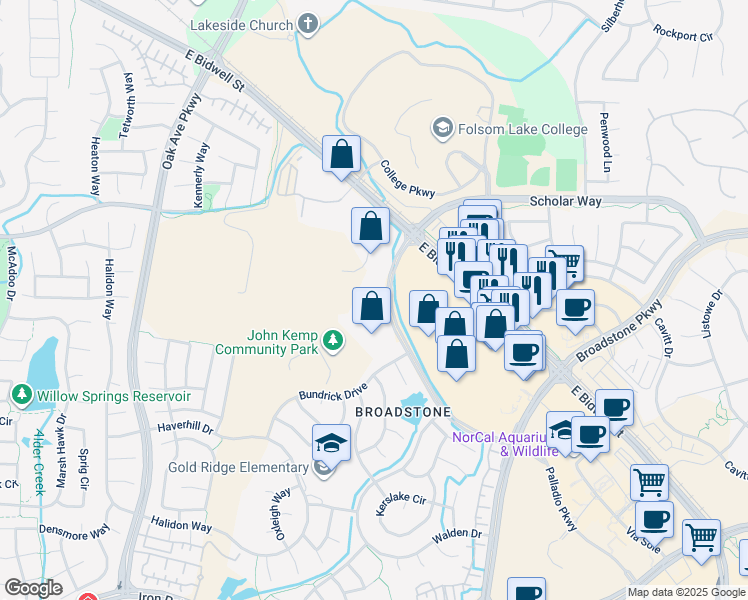 map of restaurants, bars, coffee shops, grocery stores, and more near 76 Clarksville Road in Folsom