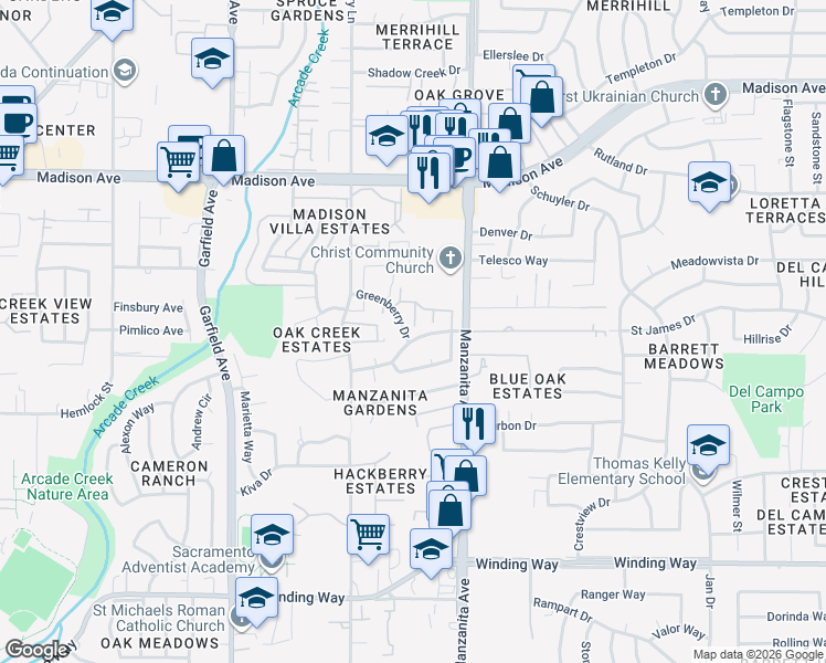 map of restaurants, bars, coffee shops, grocery stores, and more near 5817 Muldrow Road in Sacramento