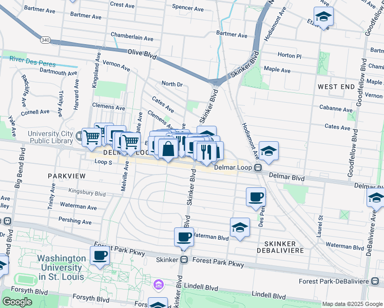 map of restaurants, bars, coffee shops, grocery stores, and more near 621 North Skinker Parkway in St. Louis