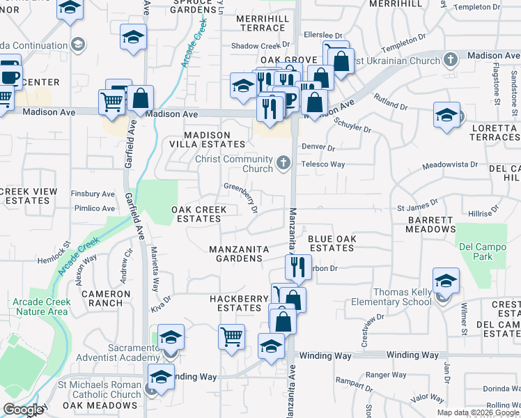 map of restaurants, bars, coffee shops, grocery stores, and more near 5817 Muldrow Road in Sacramento