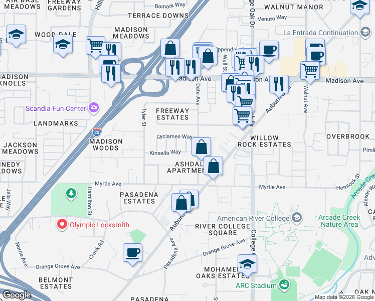 map of restaurants, bars, coffee shops, grocery stores, and more near 4912 Orchid Way in Sacramento
