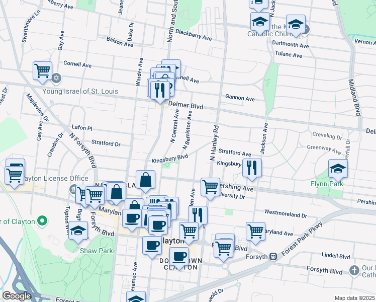 map of restaurants, bars, coffee shops, grocery stores, and more near 325 North Bemiston Avenue in St. Louis