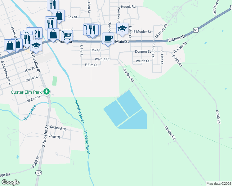 map of restaurants, bars, coffee shops, grocery stores, and more near 617 East Elm Street in Council Grove