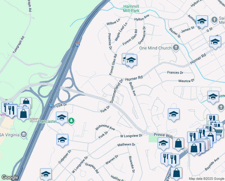 map of restaurants, bars, coffee shops, grocery stores, and more near 1025 Gardenview Loop in Woodbridge