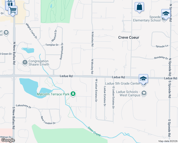 map of restaurants, bars, coffee shops, grocery stores, and more near 104 Ladue Meadows Lane in Creve Coeur