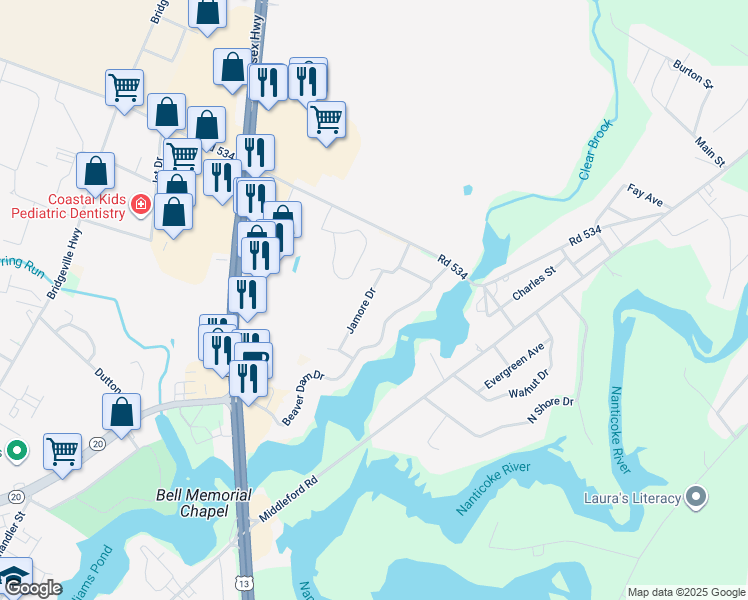map of restaurants, bars, coffee shops, grocery stores, and more near 24157 Jamore Drive in Seaford
