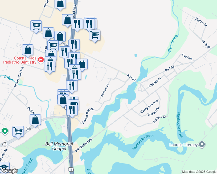 map of restaurants, bars, coffee shops, grocery stores, and more near 24157 Jamore Drive in Seaford