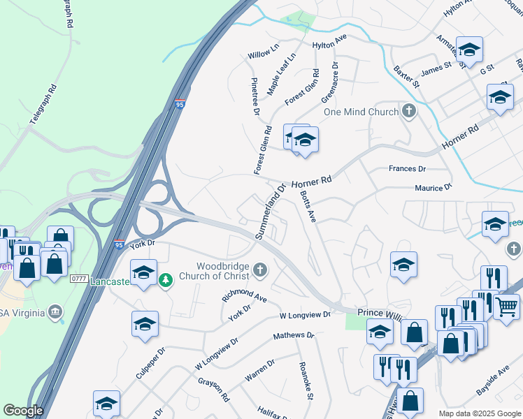 map of restaurants, bars, coffee shops, grocery stores, and more near 1025 Gardenview Loop in Woodbridge