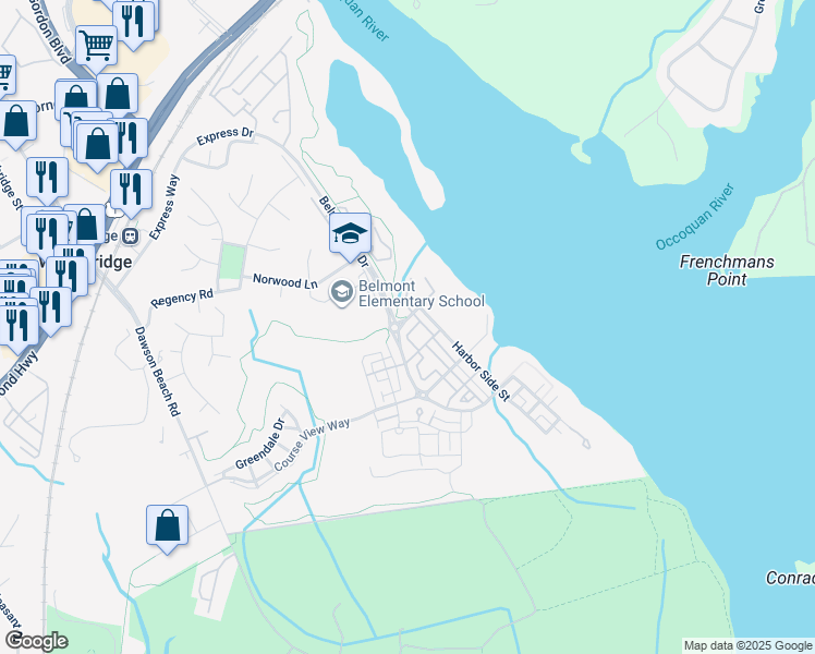 map of restaurants, bars, coffee shops, grocery stores, and more near 13863 Palisades Street in Woodbridge