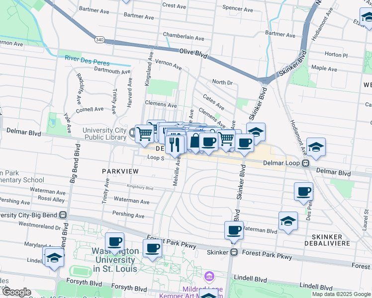 map of restaurants, bars, coffee shops, grocery stores, and more near in St. Louis