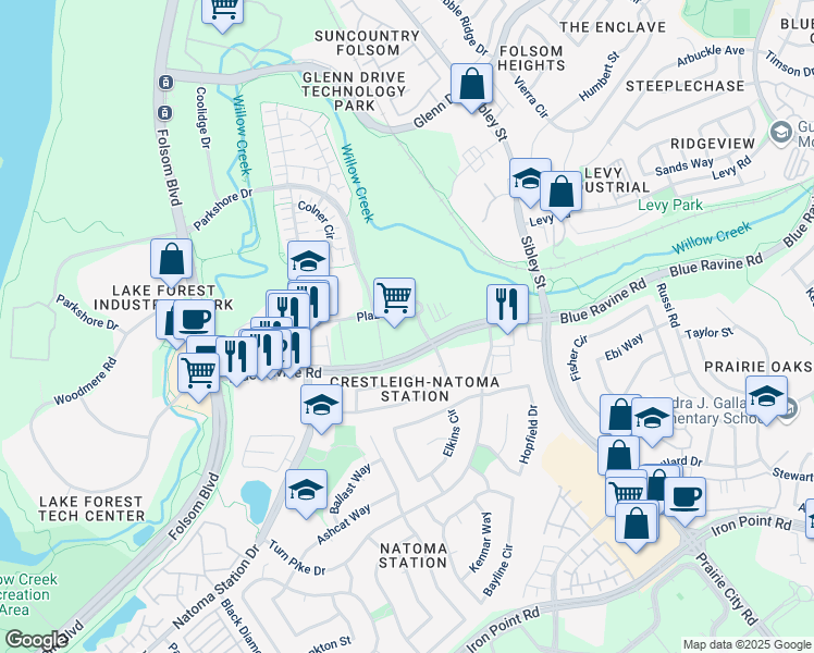 map of restaurants, bars, coffee shops, grocery stores, and more near 2 Plaza Drive in Folsom