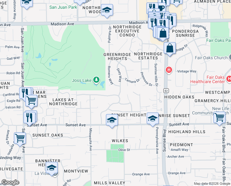 map of restaurants, bars, coffee shops, grocery stores, and more near 7769 Greenridge Way in Fair Oaks