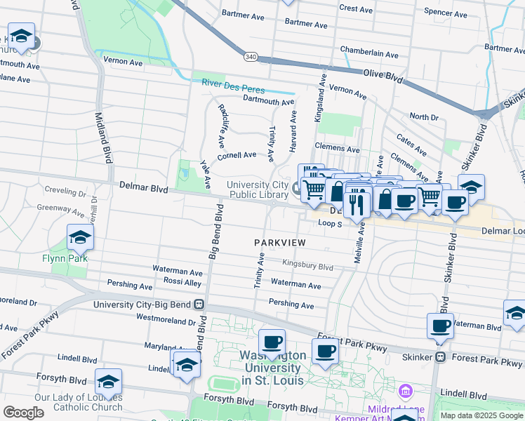 map of restaurants, bars, coffee shops, grocery stores, and more near 6918 Delmar Boulevard in University City