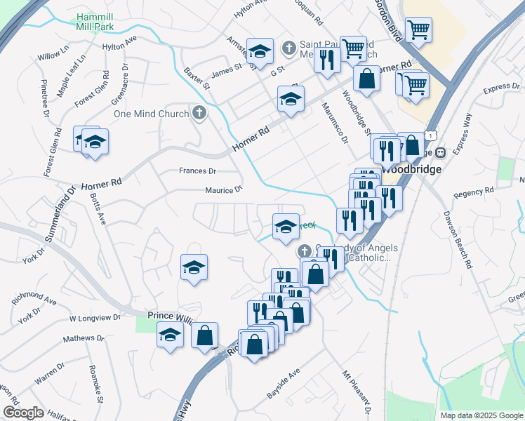 map of restaurants, bars, coffee shops, grocery stores, and more near 1399 Eisenhower Circle in Woodbridge