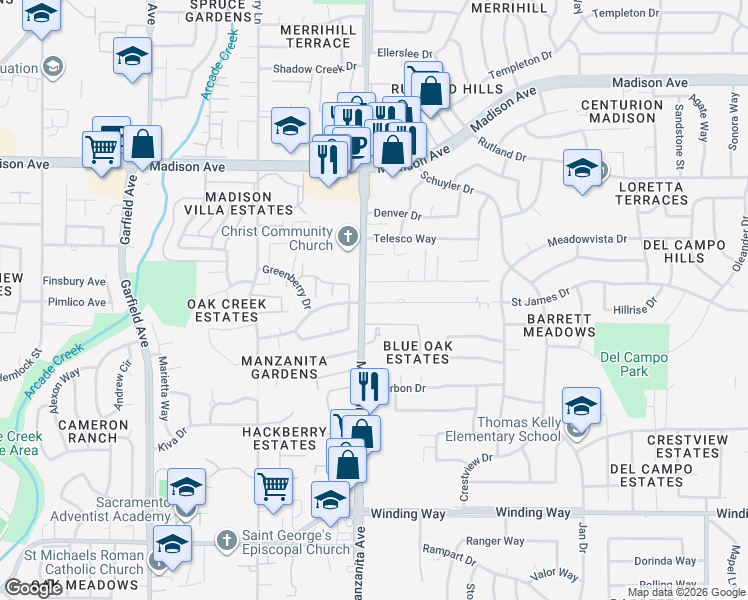 map of restaurants, bars, coffee shops, grocery stores, and more near 5010 Manzanita Avenue in Carmichael