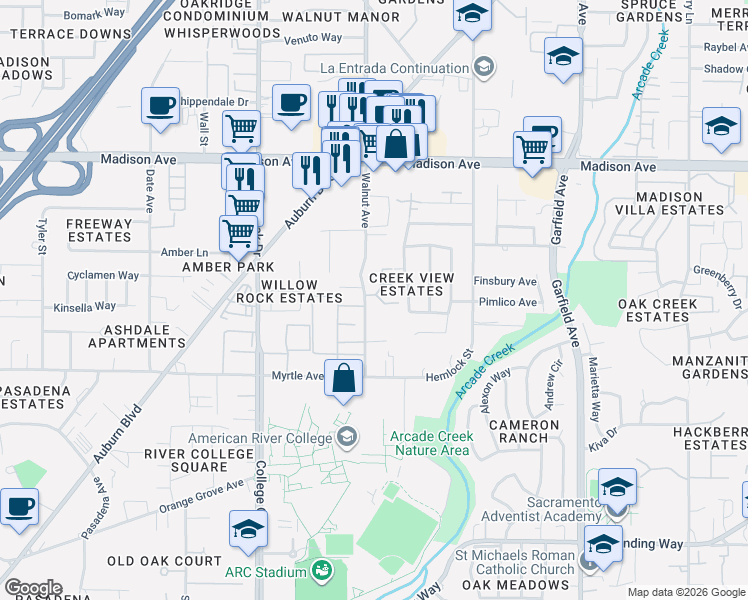 map of restaurants, bars, coffee shops, grocery stores, and more near 4990 Walnut Avenue in Sacramento